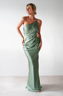 Lyra Soft Matte Satin Maxi Dress | Olive