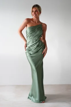 Lyra Soft Matte Satin Maxi Dress | Olive