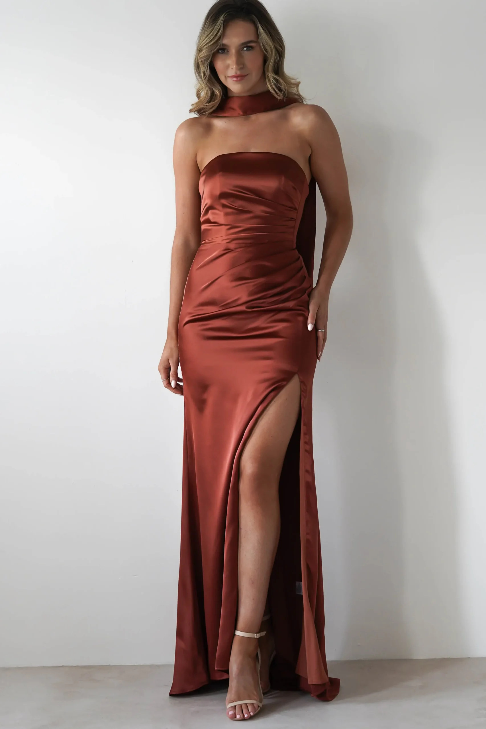 Melanie Soft Satin Maxi Gown | Rust