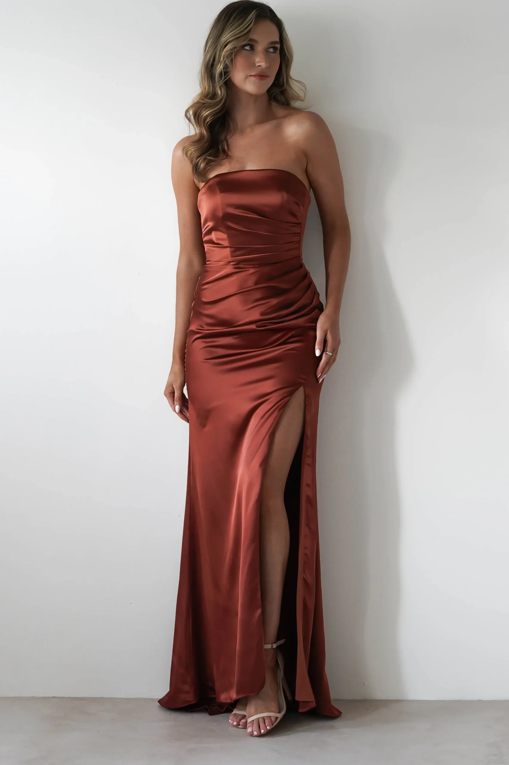Melanie Soft Satin Maxi Gown | Rust