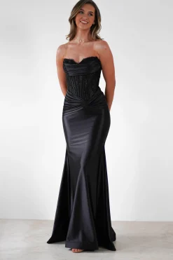 Misha Strapless Lace Detail Gown | Black