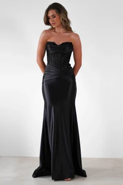 Misha Strapless Lace Detail Gown | Black
