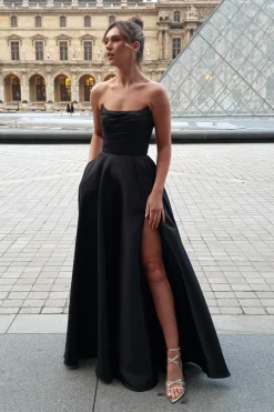 Miya Corset A-Line Satin Gown | Black