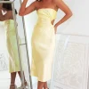 Naomi Satin Strapless Midi Dress | Yellow
