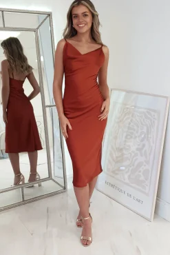 Natalie Satin Cowl Neck Midi Dress | Rust