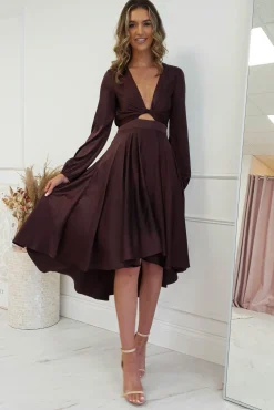 Nicola Satin Tie Front Midi Dress | Chocolate