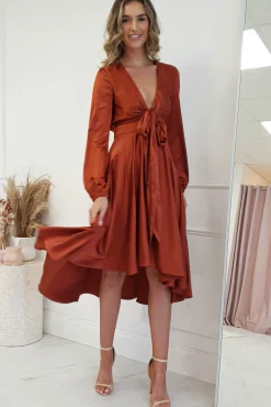 Nicola Satin Tie Front Midi Dress | Rust