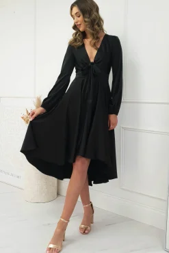 Nicola Satin Tie Front Midi Dress | Black