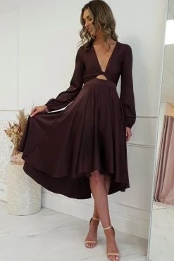Nicola Satin Tie Front Midi Dress | Chocolate