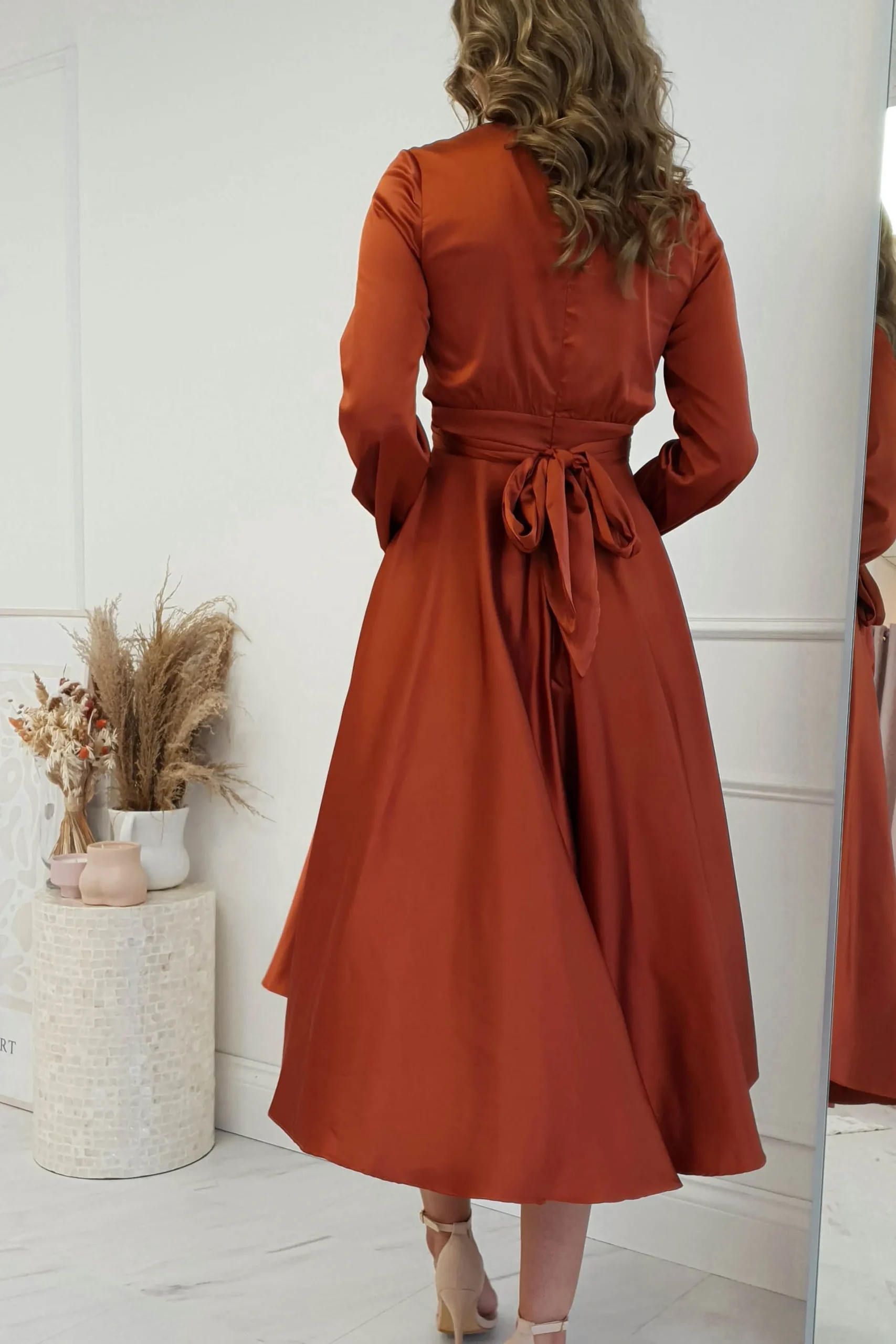 Nicola Satin Tie Front Midi Dress | Rust