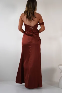 Nicolette Soft Satin Maxi Gown | Rust