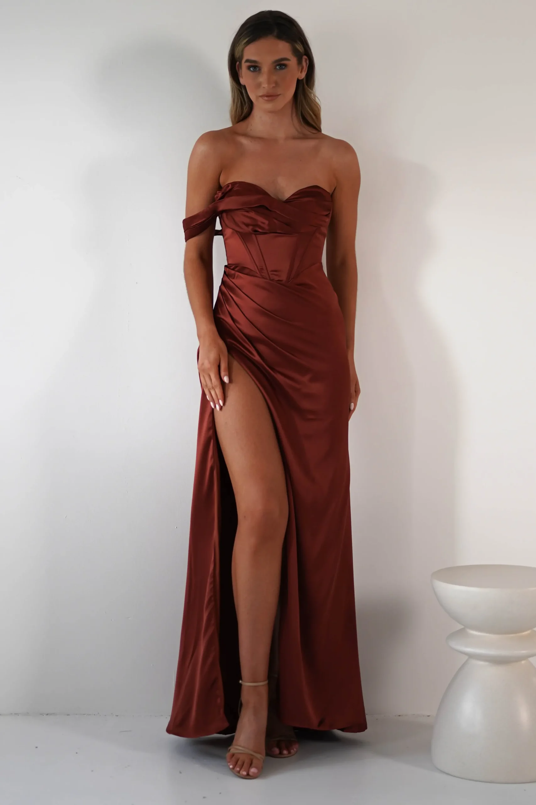 Nicolette Soft Satin Maxi Gown | Rust