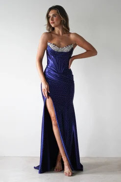 Pranvera Embellished Micro Crystal Gown | Dusty Navy