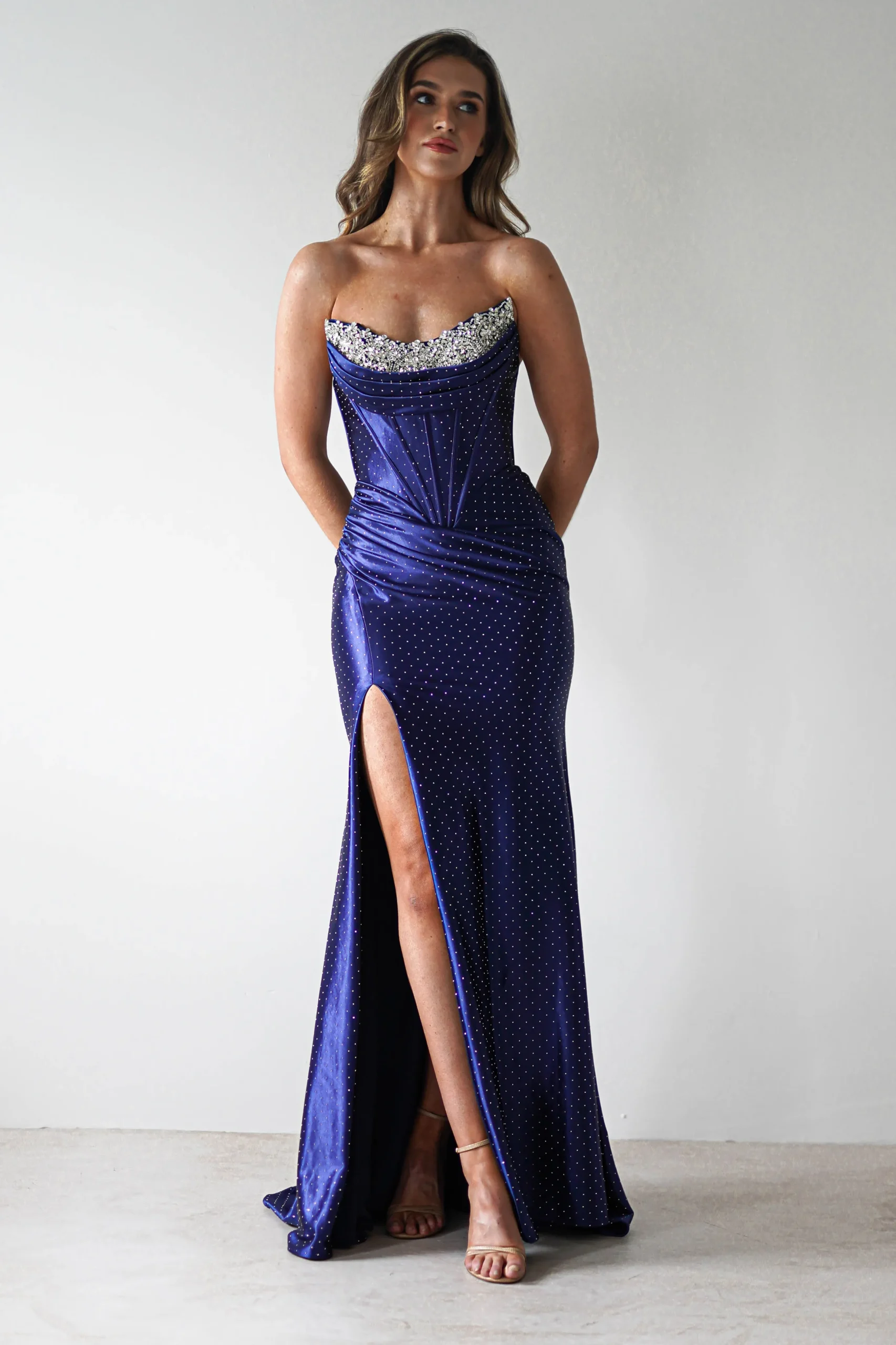 Pranvera Embellished Micro Crystal Gown | Dusty Navy