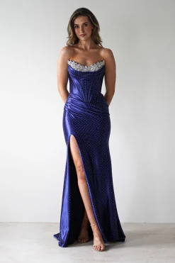 Pranvera Embellished Micro Crystal Gown | Dusty Navy