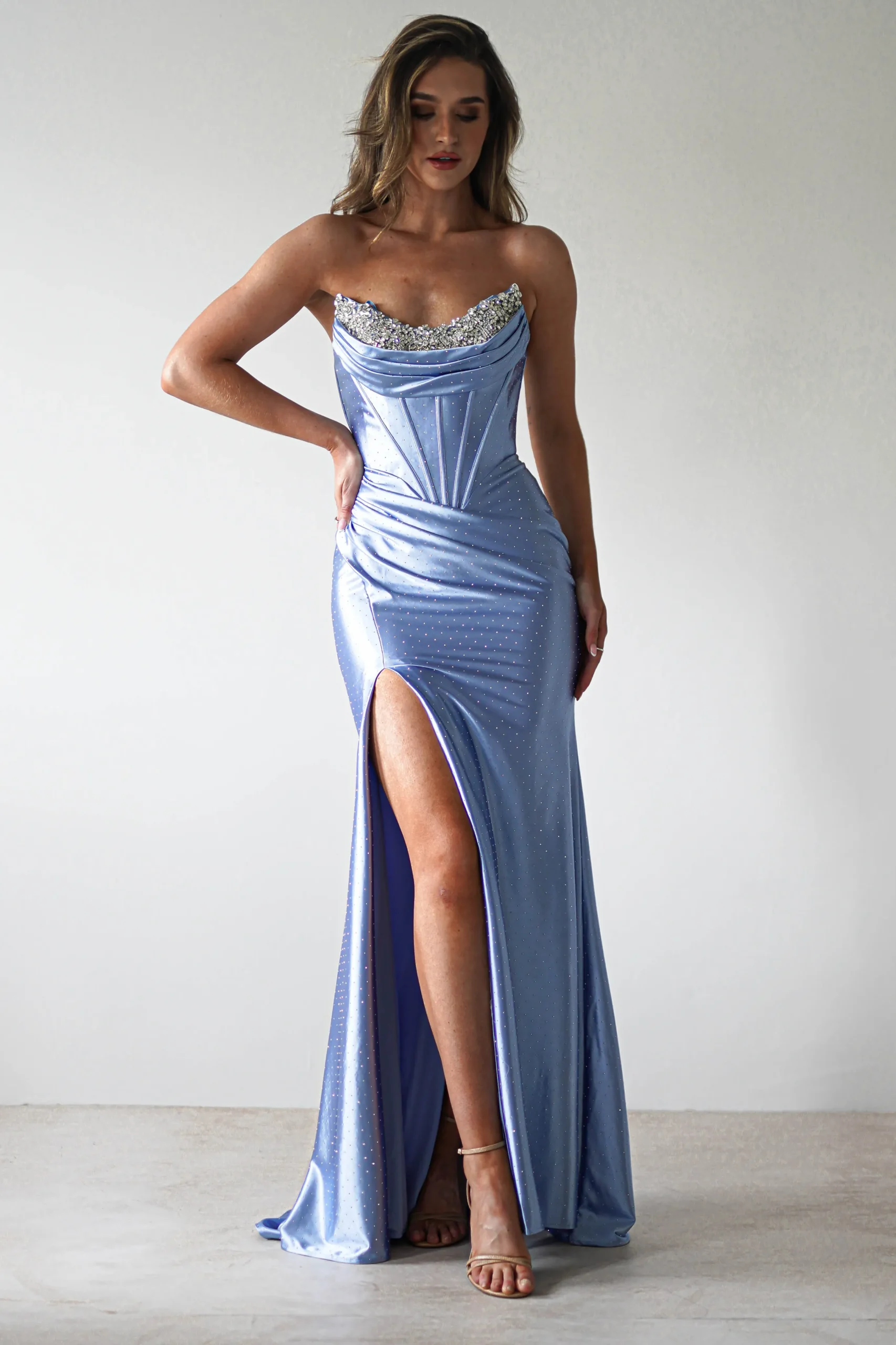 Pranvera Embellished Micro Crystal Gown | Dusty Blue