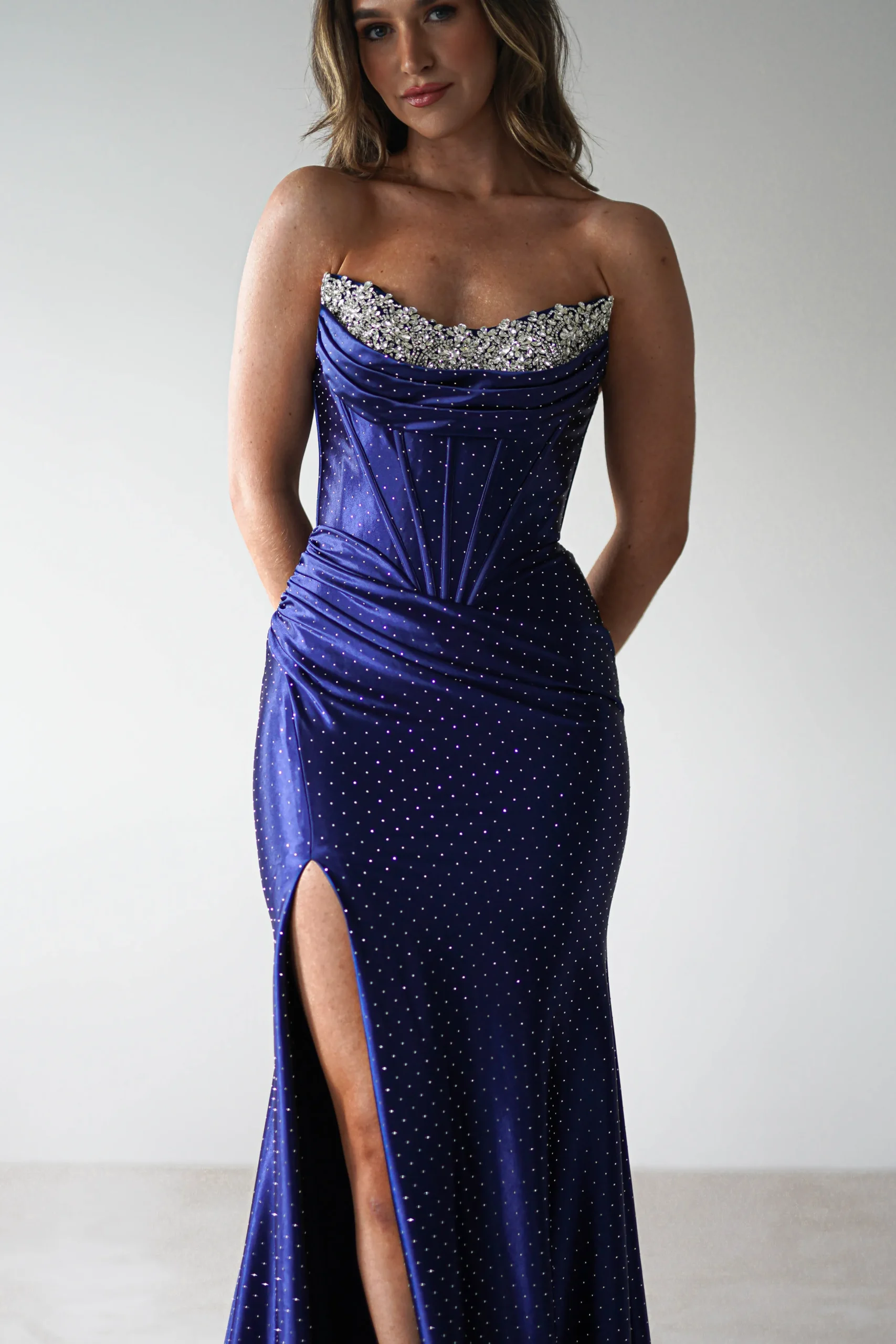 Pranvera Embellished Micro Crystal Gown | Dusty Navy