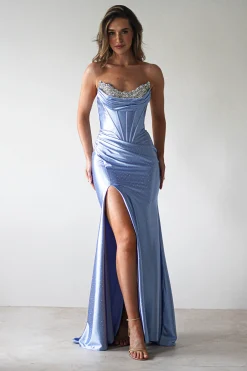 Pranvera Embellished Micro Crystal Gown | Dusty Blue