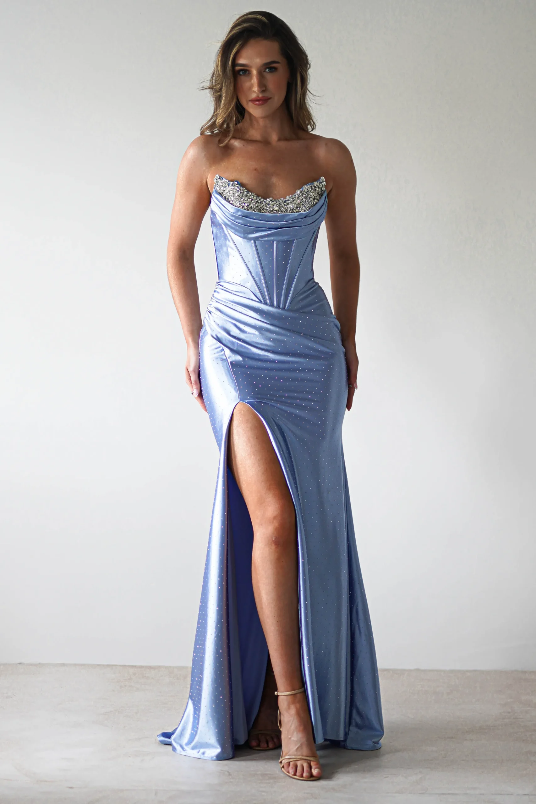 Pranvera Embellished Micro Crystal Gown | Dusty Blue
