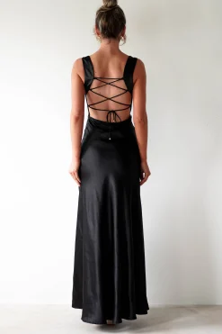 Riviera Soft Satin Maxi Gown | Black