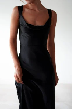 Riviera Soft Satin Maxi Gown | Black