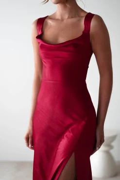 Riviera Soft Satin Maxi Gown | Berry Red