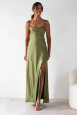 Riviera Soft Satin Maxi Gown | Olive