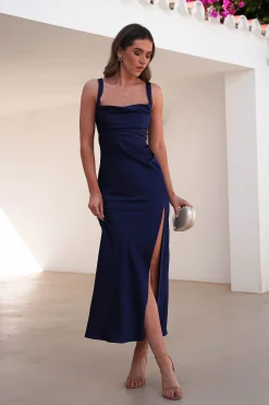 Salma Soft Matte Satin Midaxi Dress | Navy
