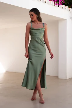 Salma Soft Matte Satin Midaxi Dress | Olive
