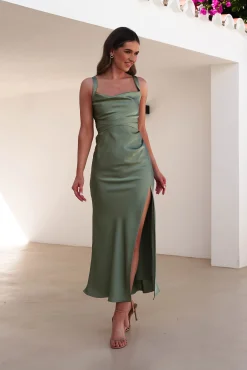 Salma Soft Matte Satin Midaxi Dress | Olive