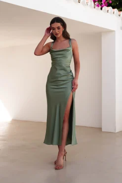 Salma Soft Matte Satin Midaxi Dress | Olive