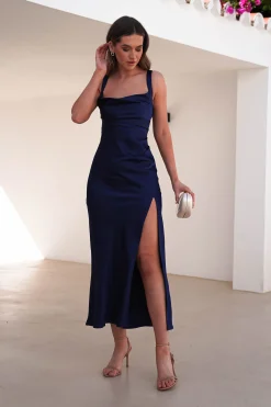 Salma Soft Matte Satin Midaxi Dress | Navy