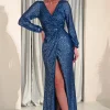 Sharley Sequin Long Sleeve Gown | Lapis Blue