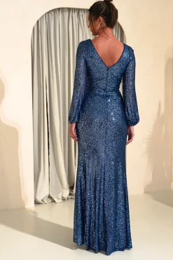 Sharley Sequin Long Sleeve Gown | Lapis Blue