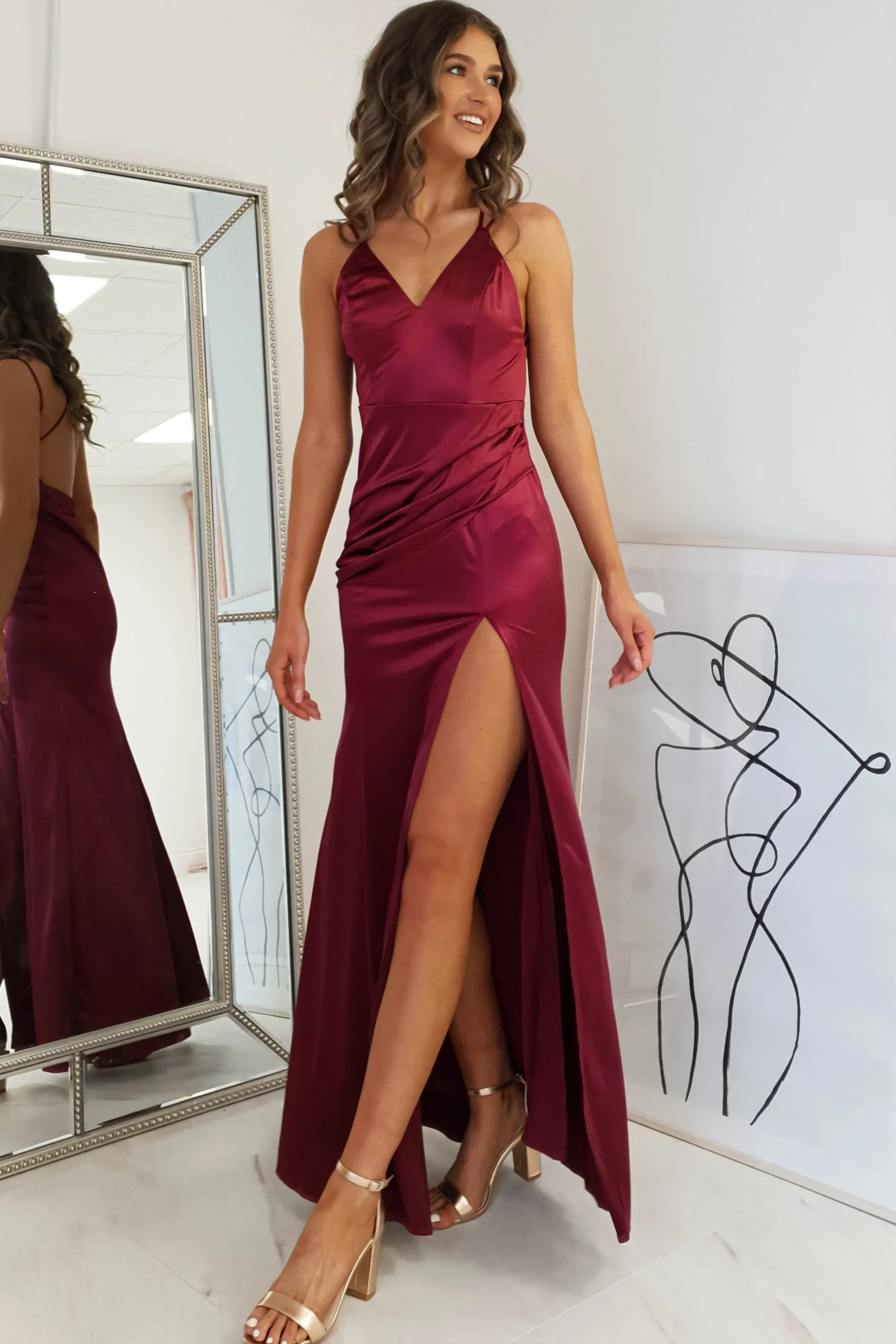 Simone Satin Gown | Burgundy