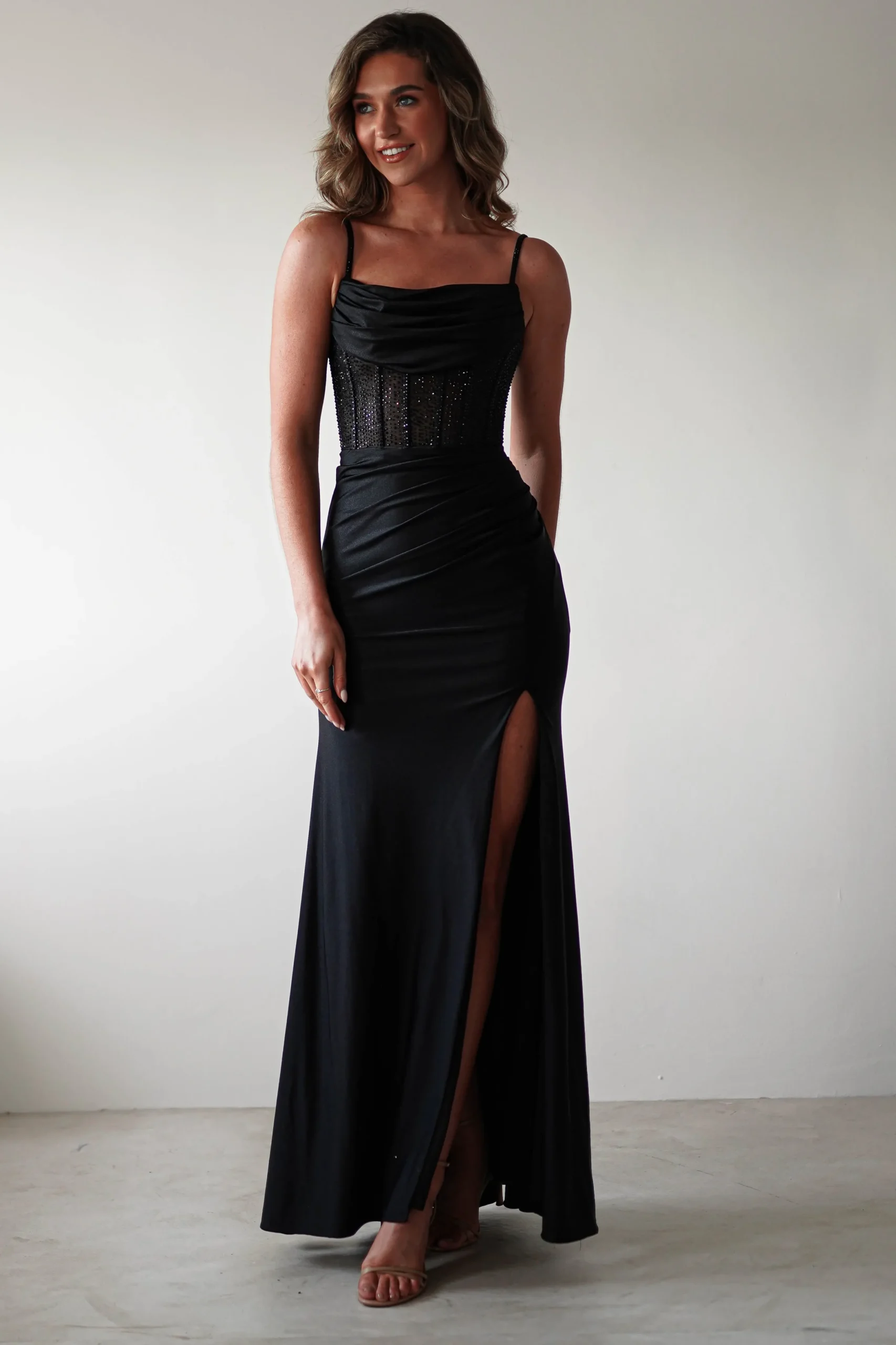 Stefani Rhinestone Bodice Gown | Black
