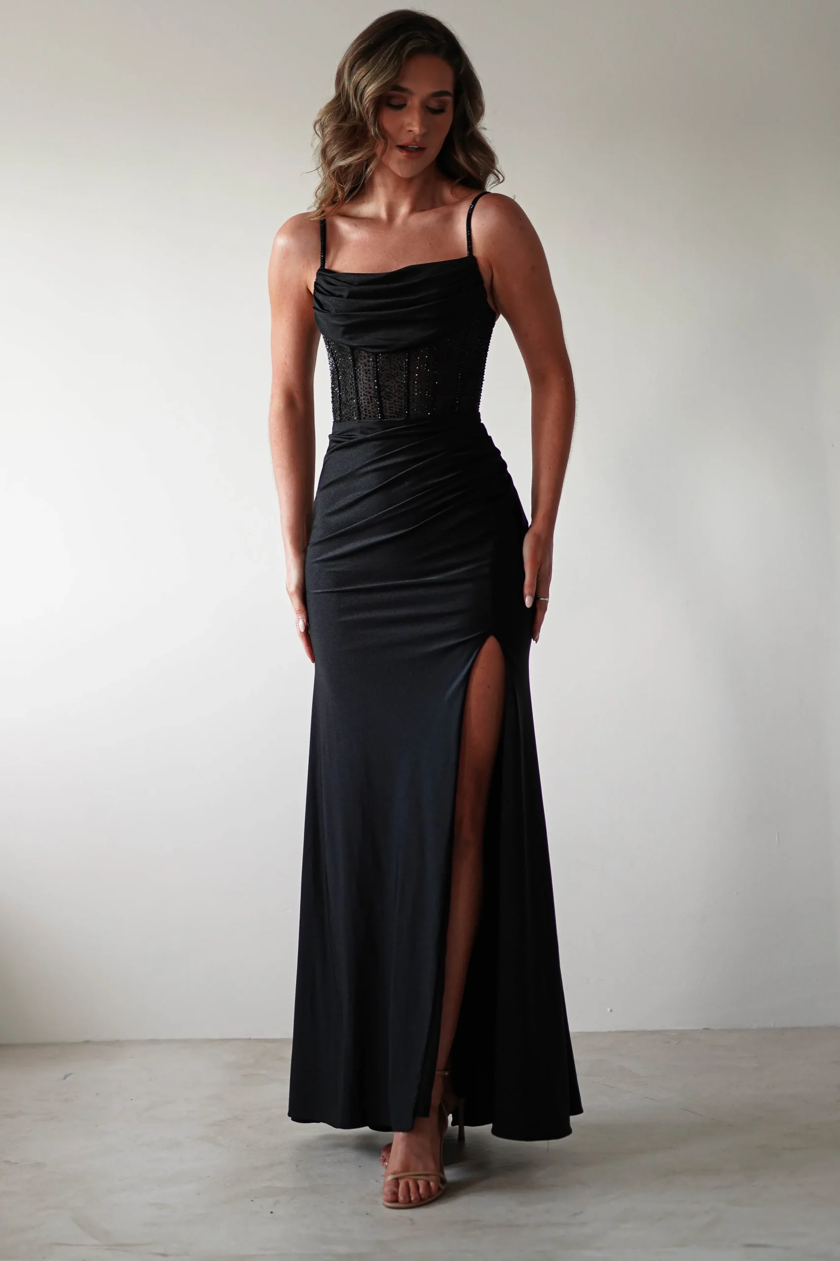 Stefani Rhinestone Bodice Gown | Black