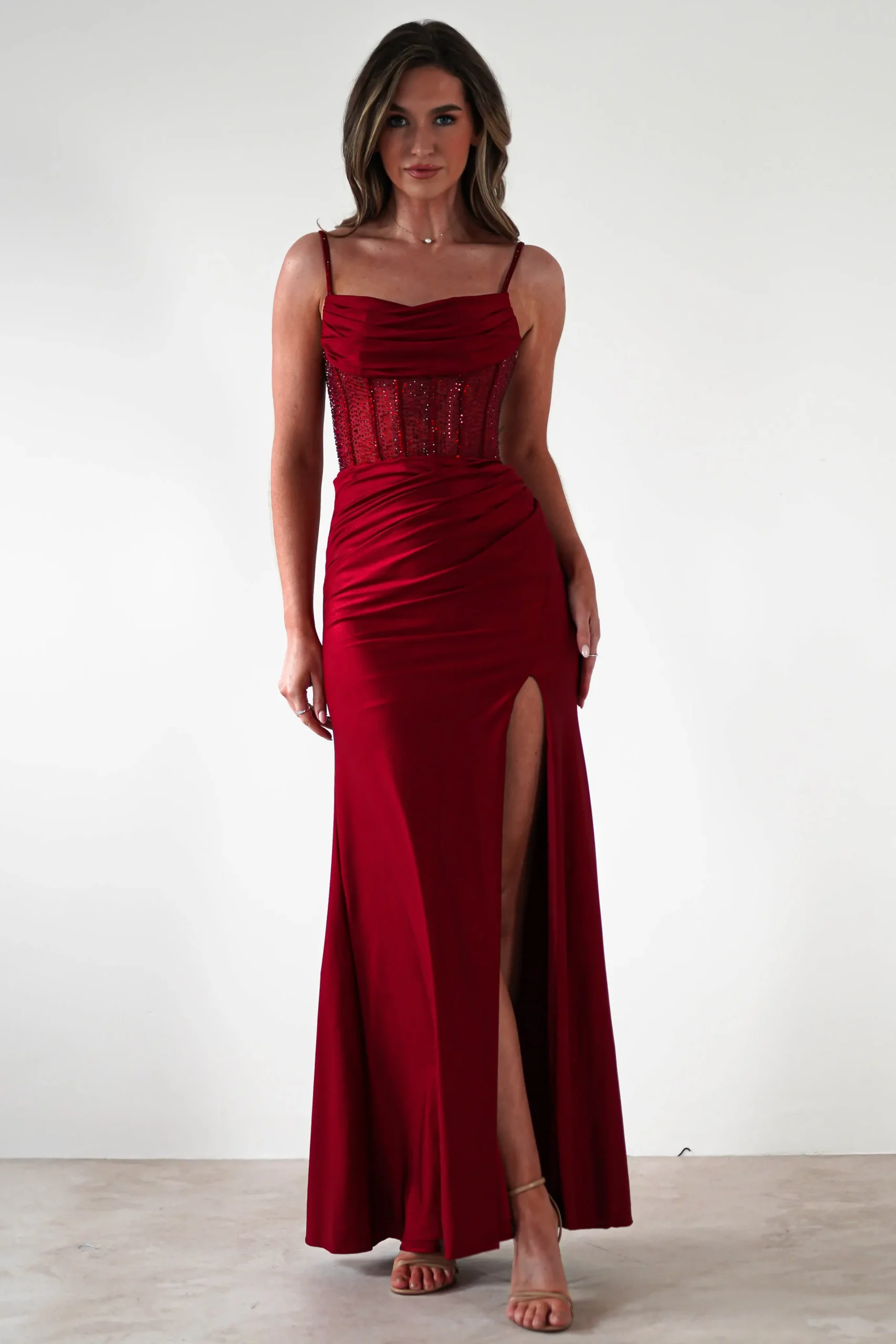 Stefani Rhinestone Bodice Gown | Burgundy
