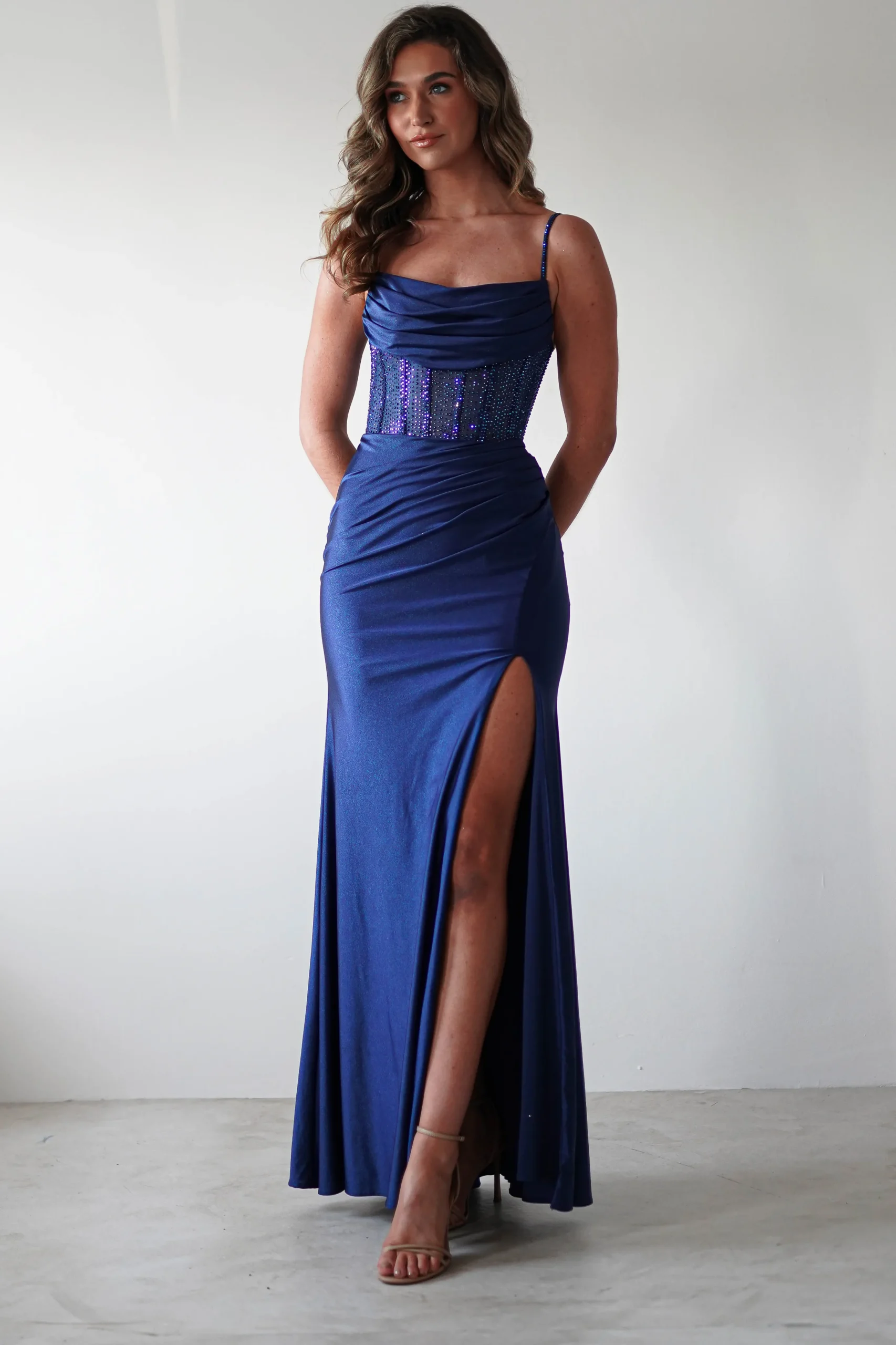 Stefani Rhinestone Bodice Gown | Navy