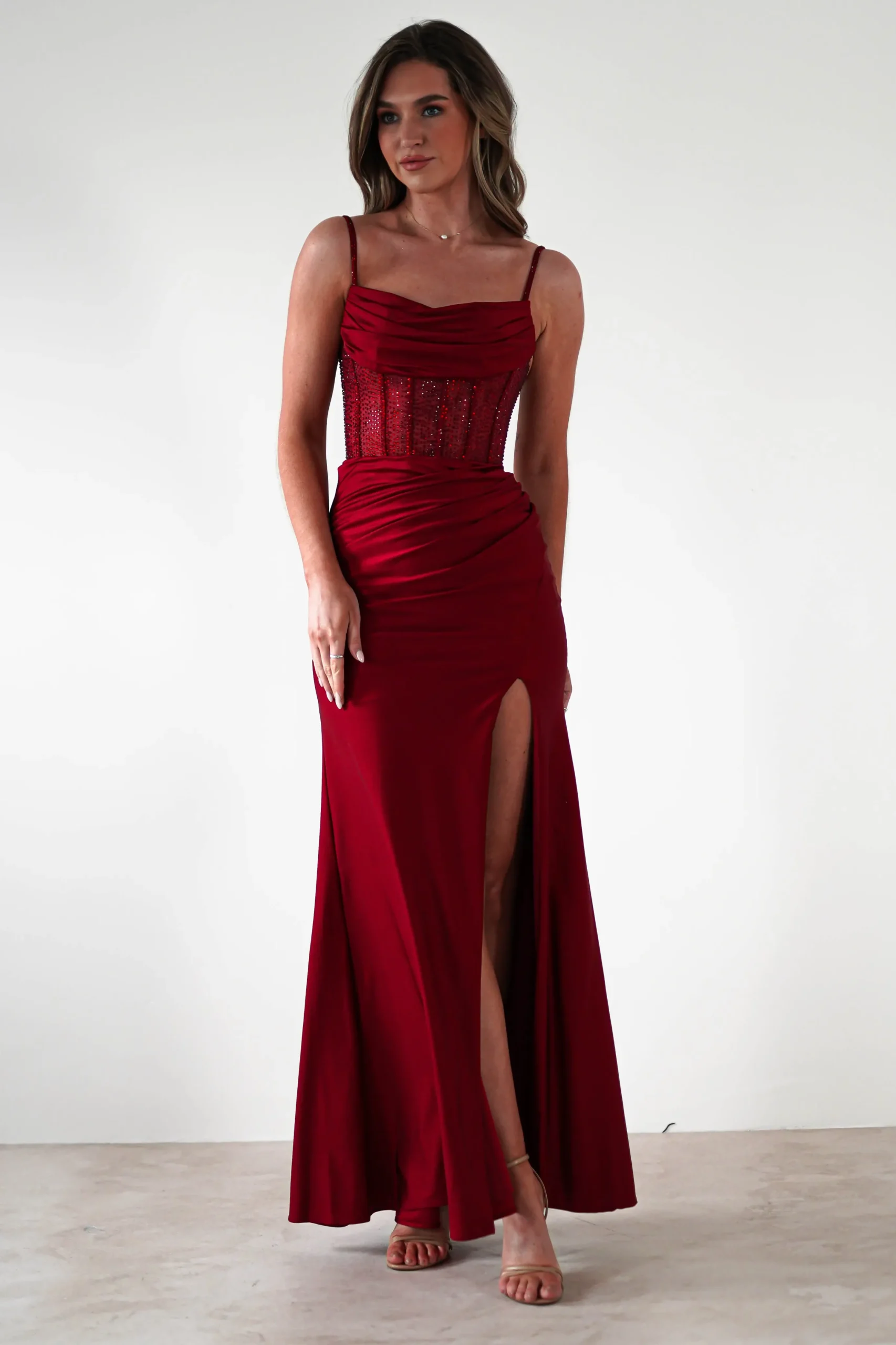 Stefani Rhinestone Bodice Gown | Burgundy