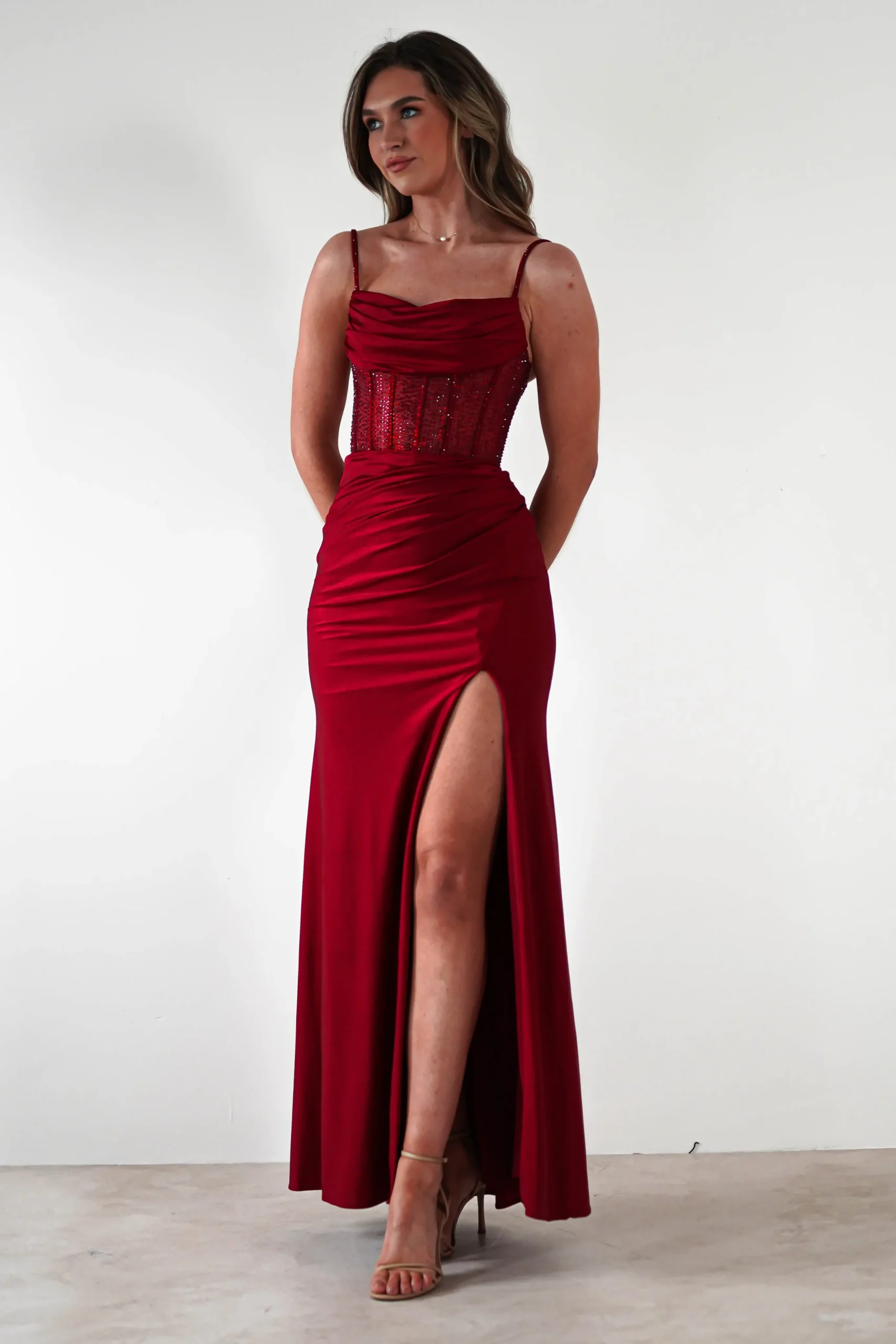 Stefani Rhinestone Bodice Gown | Burgundy