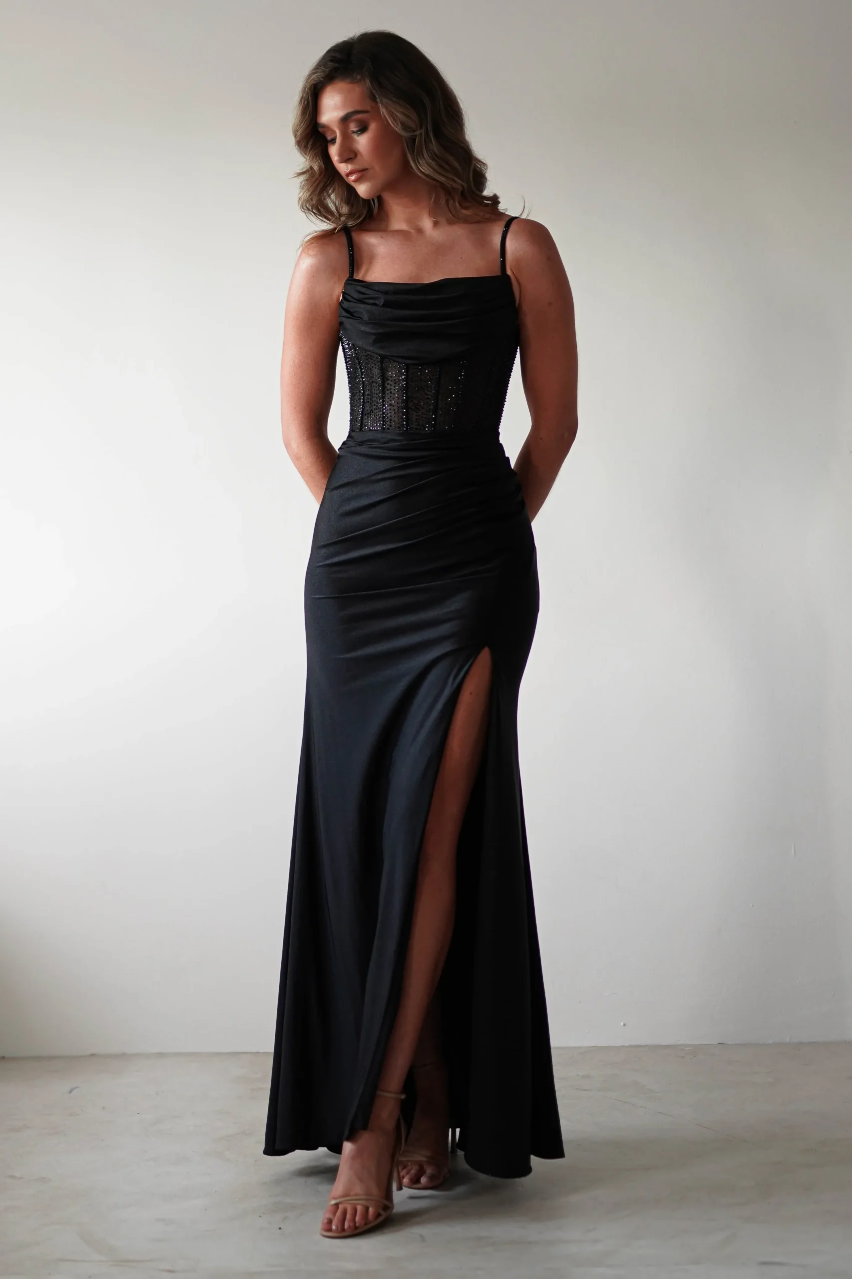 Stefani Rhinestone Bodice Gown | Black