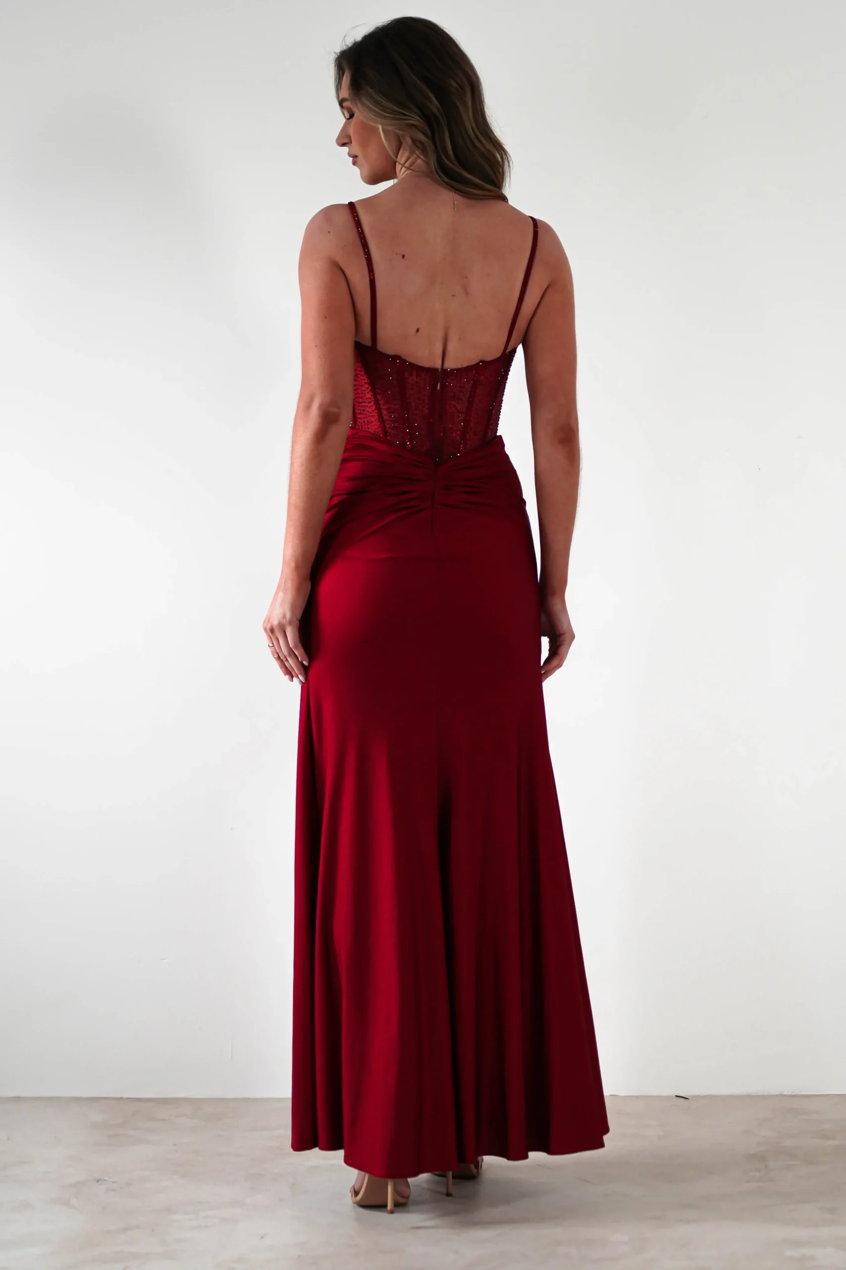 Stefani Rhinestone Bodice Gown | Burgundy