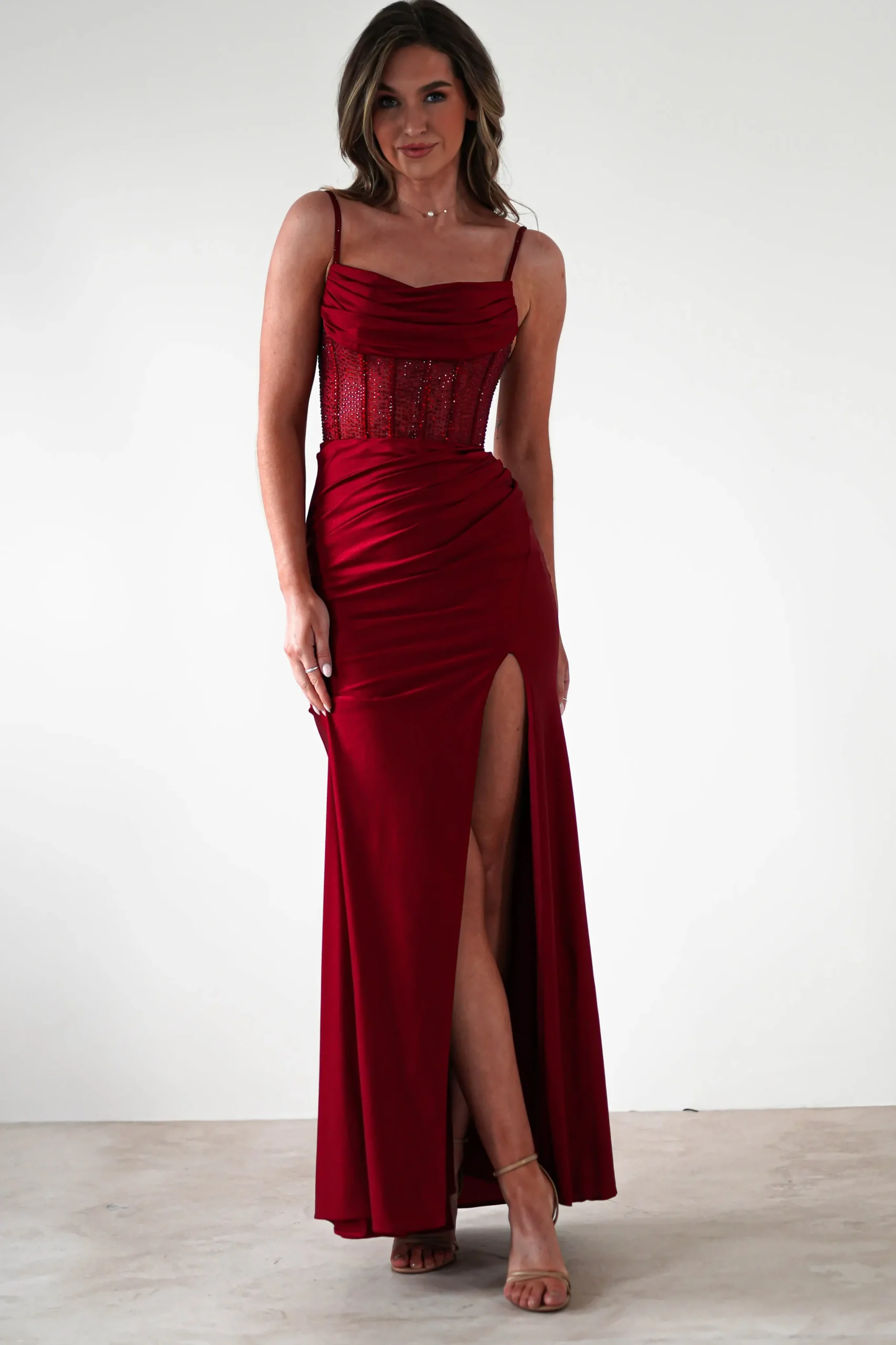 Stefani Rhinestone Bodice Gown | Burgundy