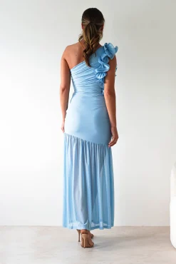 Stephanie Mesh Ruffle Maxi Dress | Blue