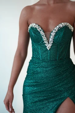Stephanie Strapless Glitter Gown | Emerald Green