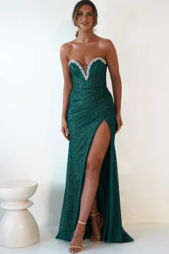 Stephanie Strapless Glitter Gown | Emerald Green