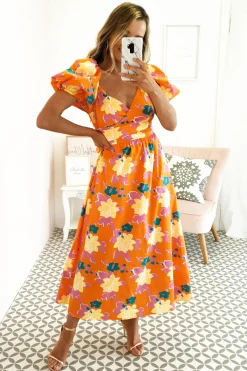 Sweet Flower Midi Dress | Orange