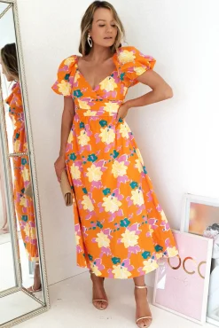 Sweet Flower Midi Dress | Orange