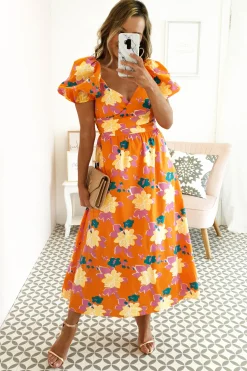 Sweet Flower Midi Dress | Orange